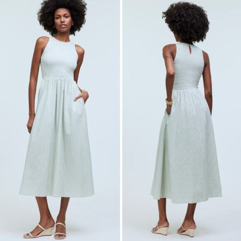 New! Madewell The Melody Smocked Midi Dress in green ,size XS